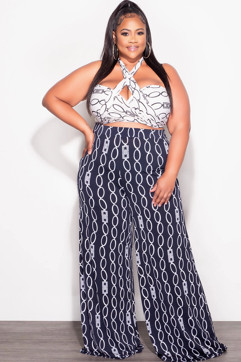 Final Sale Plus Size 2pc Set Black & White Self Tie Top & Pants in Navy & White Chain Print Comfortable Layering Stay Active