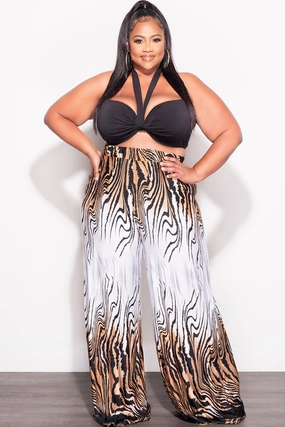 Final Sale Plus Size 2pc Set Black Self Tie Top & Pants in Black, Brown and White Design Print Breathable Design Mesh Comfort