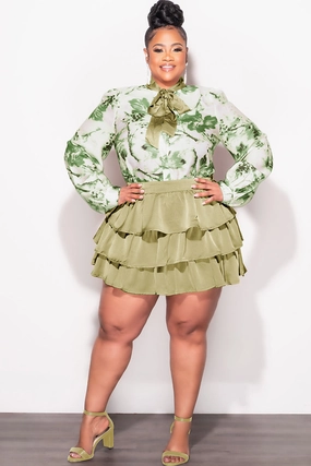 Final Sale Plus Size 2pc Set Button Up Collar Tie Top and Ruffle Layered Hem Mini Skirt in Olive Dynamic Flex Panels Flexible Cut