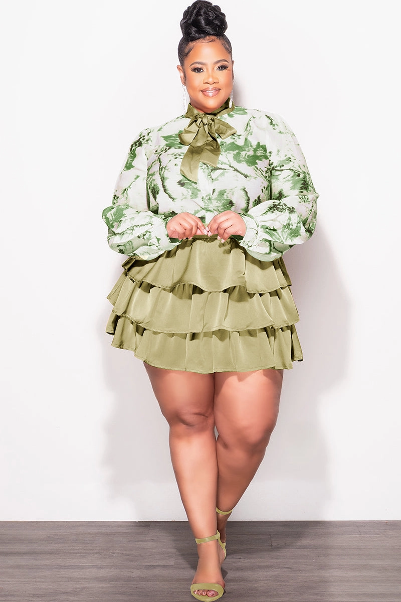 Pocket Reinforcement Final Sale Plus Size 2pc Set Button Up Collar Tie Top and Ruffle Layered Hem Mini Skirt in Olive