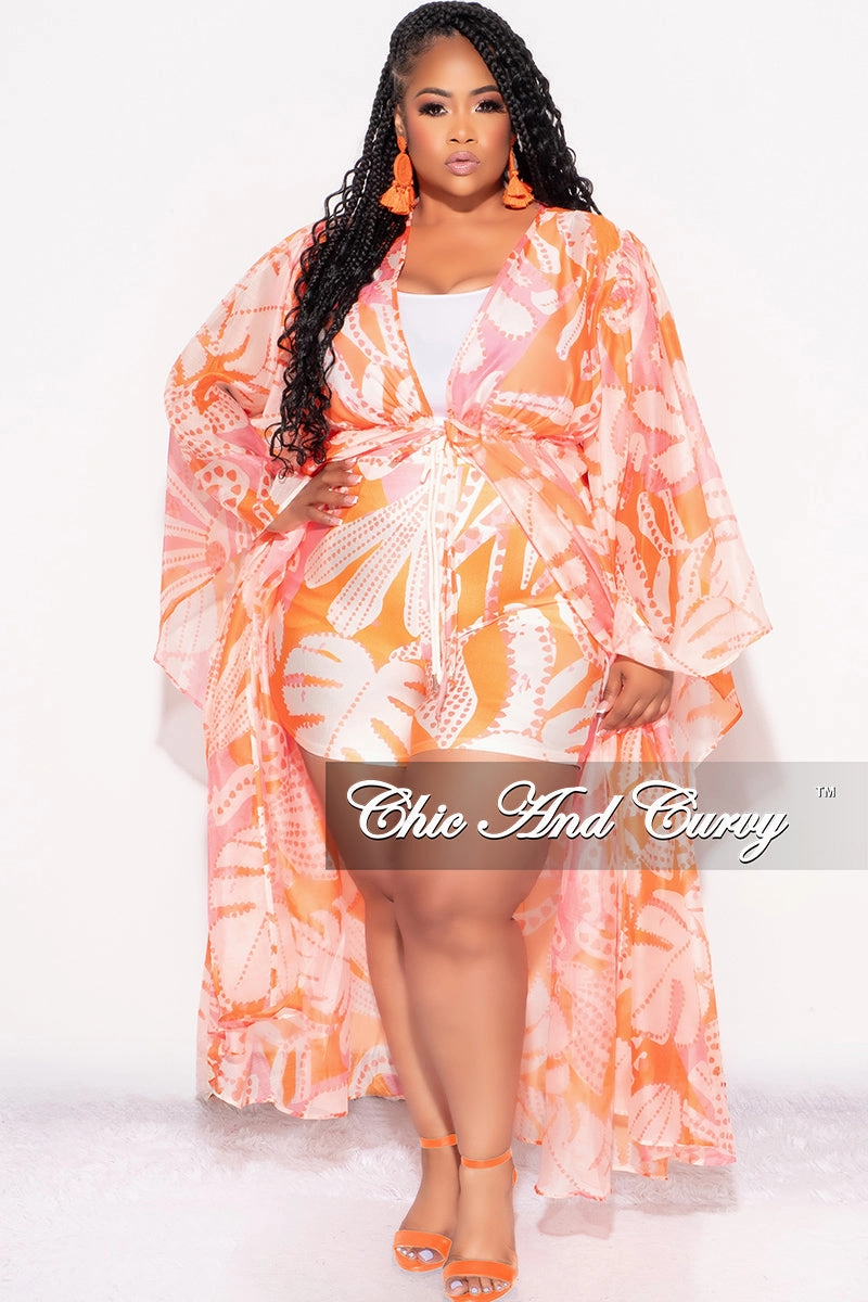 Stretch Support Final Sale Plus Size 2pc Set Chiffon Cover Up / Duster & Matching Shorts in Orange & Pink