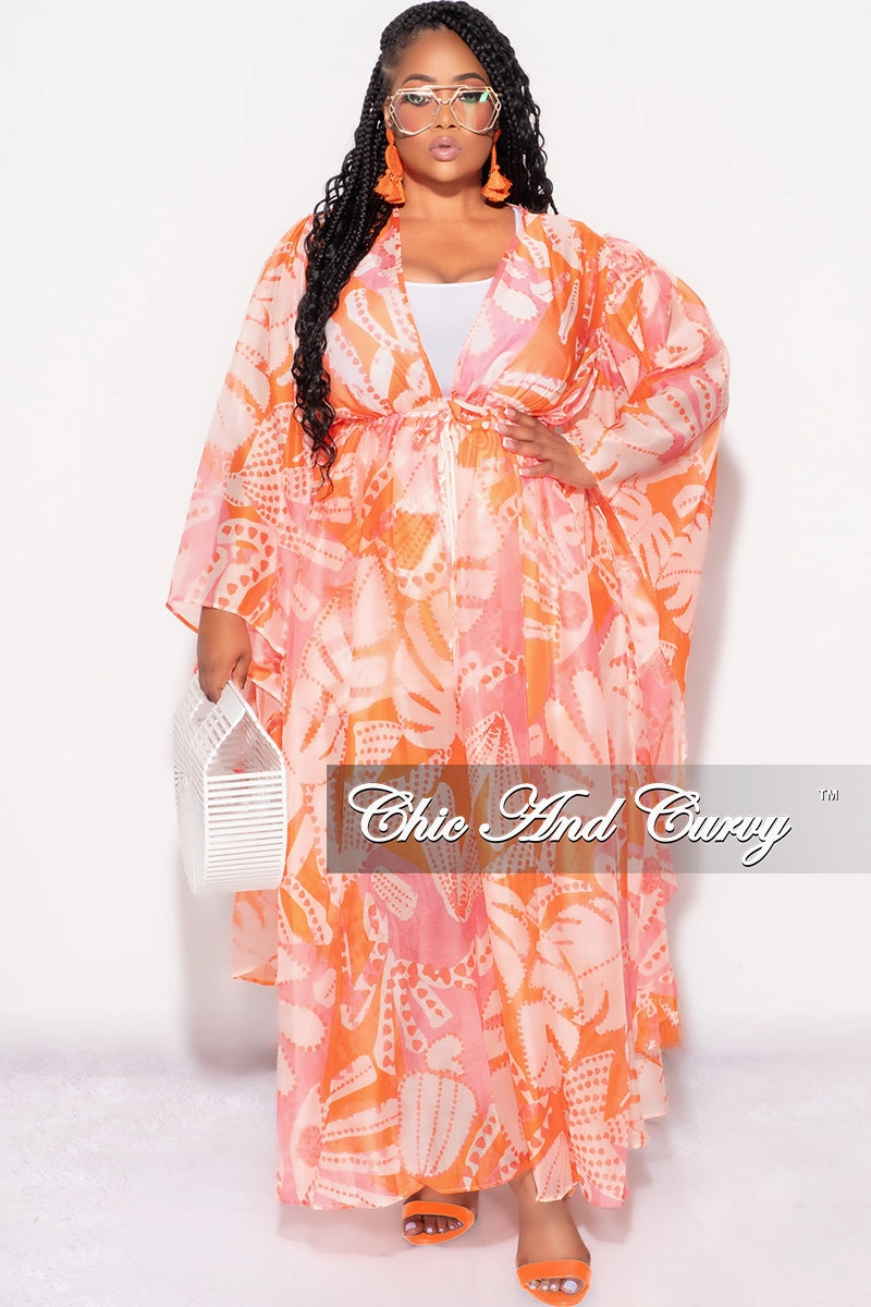 Final Sale Plus Size 2pc Set Chiffon Cover Up / Duster & Matching Shorts in Orange & Pink Adjustable Drawcord