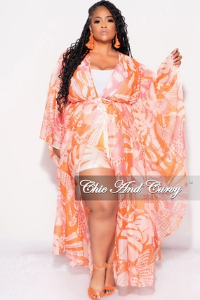 Active Design Wear Tear Resistant Final Sale Plus Size 2pc Set Chiffon Cover Up / Duster & Matching Shorts in Orange & Pink