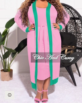 Final Sale Plus Size 2pc Set Duster & Tank Tie Dress in Pink & Green Non Iron Technology Basic Stretch