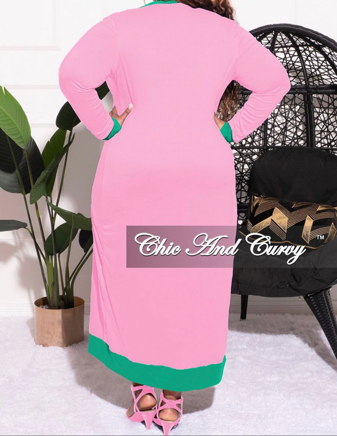 Final Sale Plus Size 2pc Set Duster & Tank Tie Dress in Pink & Green Casual Chic