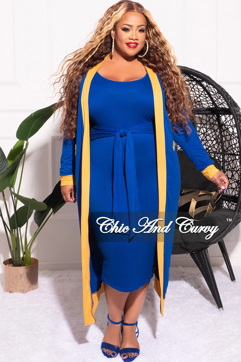 Chilly Day Comfort High-waisted fit Final Sale Plus Size 2pc Set Duster & Tank Tie Dress in Royal Blue & Gold