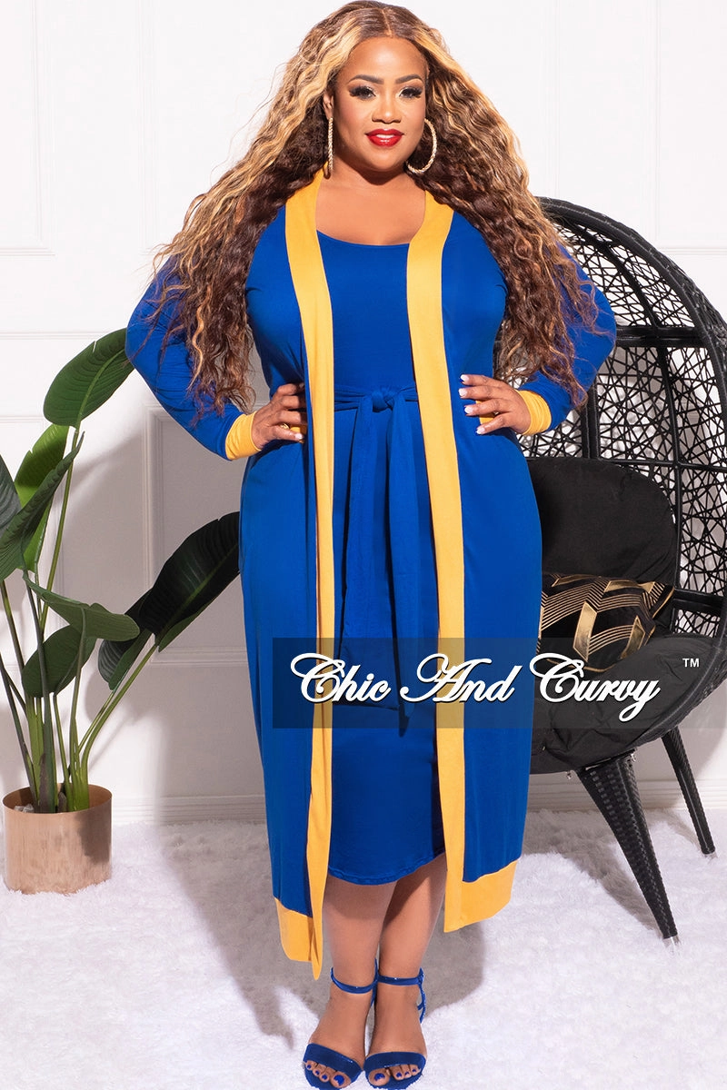 Cozy Touch RipstopFabric Final Sale Plus Size 2pc Set Duster & Tank Tie Dress in Royal Blue & Gold