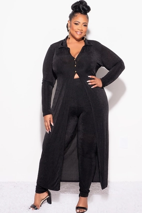 Core Flex Final Sale Plus Size 2pc Set Duster Top with Front Gold Buttons and Matching Pants in Black Slinky Fabric