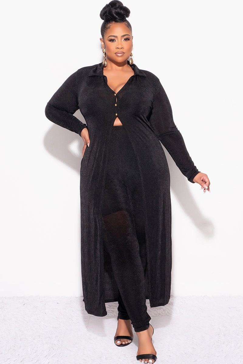 Final Sale Plus Size 2pc Set Duster Top with Front Gold Buttons and Matching Pants in Black Slinky Fabric Lightweight Flex