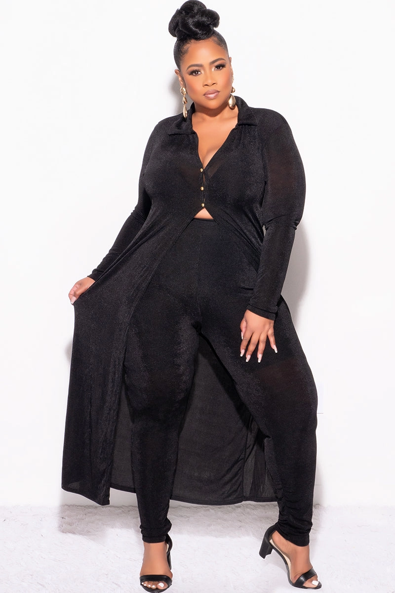 Final Sale Plus Size 2pc Set Duster Top with Front Gold Buttons and Matching Pants in Black Slinky Fabric TaperedLeg Seamless Wear