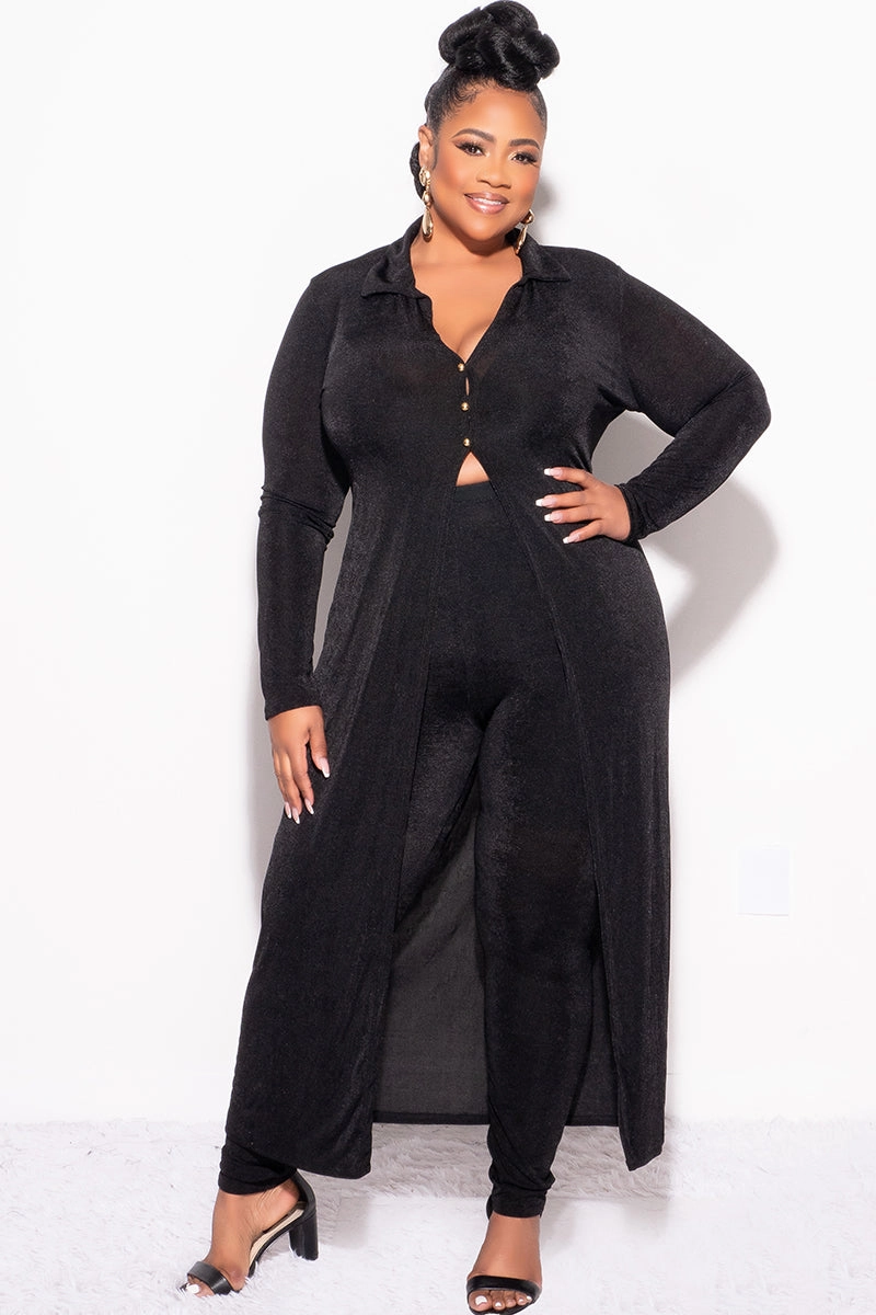 Core Flex Final Sale Plus Size 2pc Set Duster Top with Front Gold Buttons and Matching Pants in Black Slinky Fabric