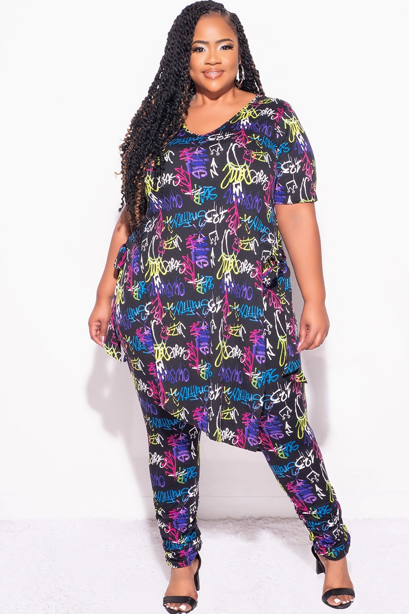 Final Sale Plus Size 2pc Set in Black Graffiti Print Non Restrictive Comfy Active