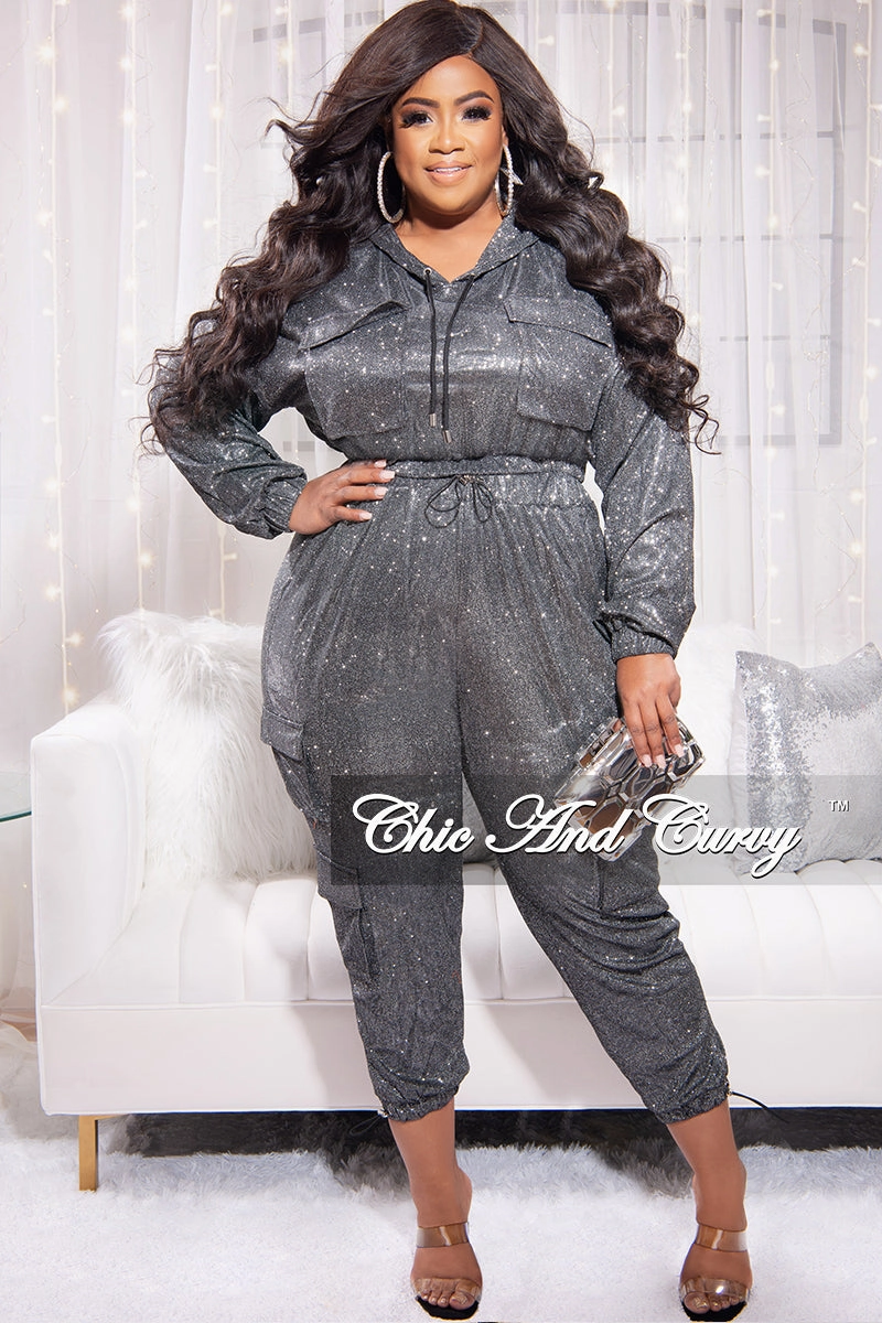 Final Sale Plus Size 2pc Set in Grey Shimmer Fabric Mid Rise Minimalist Fit