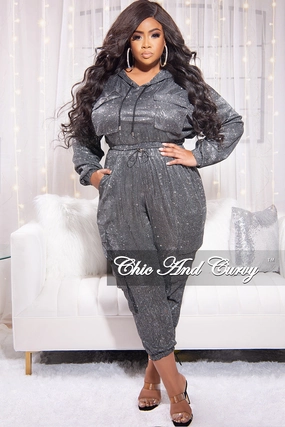 Final Sale Plus Size 2pc Set in Grey Shimmer Fabric Hidden Zip Pockets