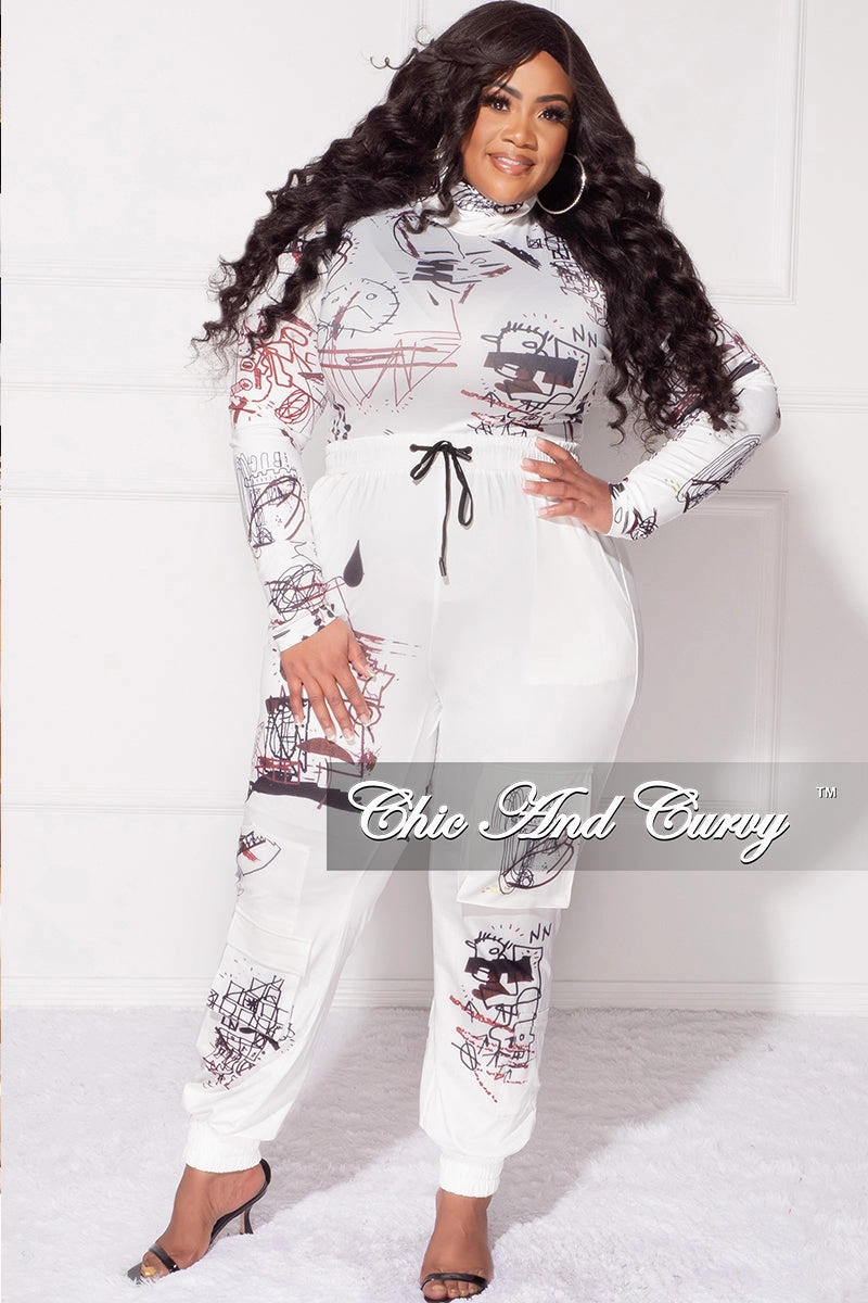Final Sale Plus Size 2pc Set in White with Black Graphic Print Flexible Activewear