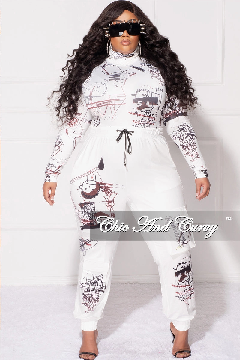 anti slip grip Final Sale Plus Size 2pc Set in White with Black Graphic Print
