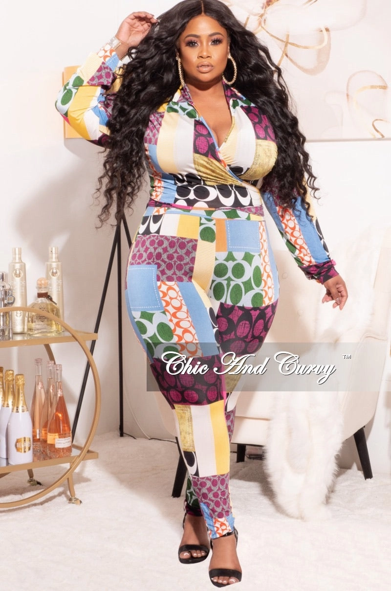 Padded hips Lightweight Flex Final Sale Plus Size 2pc Set Multi-Colorblock Print Tie Top & Pants