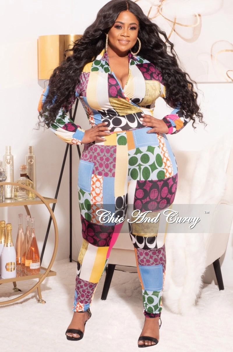 WaterproofTechnology Trendy Vibe Final Sale Plus Size 2pc Set Multi-Colorblock Print Tie Top & Pants