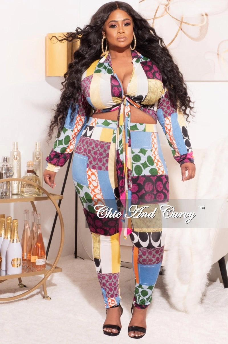 Smooth Finish Cozy Comfort Final Sale Plus Size 2pc Set Multi-Colorblock Print Tie Top & Pants
