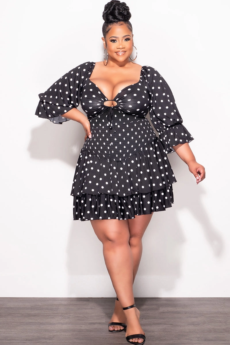 Final Sale Plus Size 2pc Set Off the Shoulder Crop Tie Top and Ruffle Layered Hem Mini Skirt in Black & White Polka Dot Sport Comfort Active Design Wear