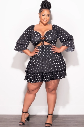 tailored look HypoallergenicFabric Final Sale Plus Size 2pc Set Off the Shoulder Crop Tie Top and Ruffle Layered Hem Mini Skirt in Black & White Polka Dot