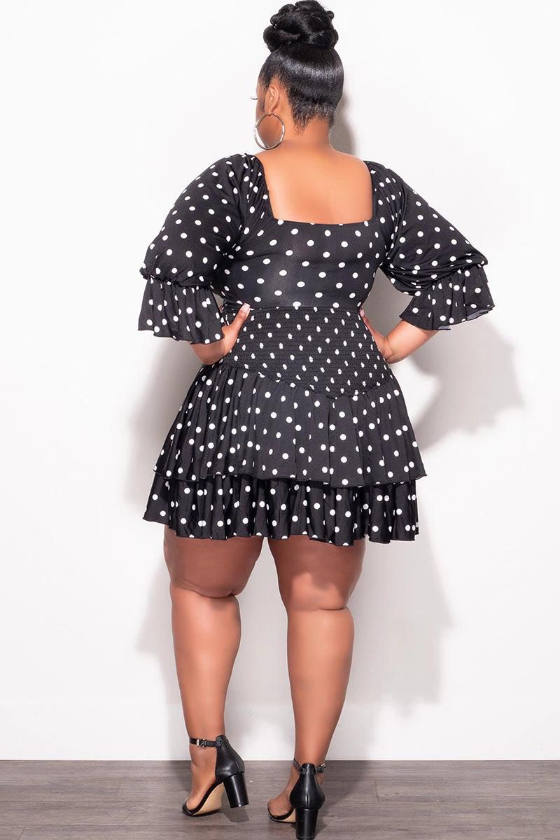Final Sale Plus Size 2pc Set Off the Shoulder Crop Tie Top and Ruffle Layered Hem Mini Skirt in Black & White Polka Dot Fashion Comfort Wear