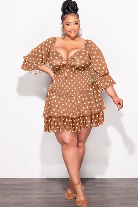 Final Sale Plus Size 2pc Set Off the Shoulder Crop Tie Top and Ruffle Layered Hem Mini Skirt in Dark Mustard with White Polka Odor Control Treatment
