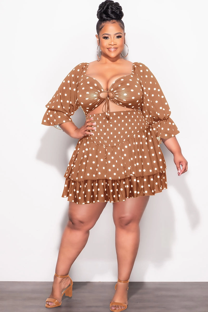 Final Sale Plus Size 2pc Set Off the Shoulder Crop Tie Top and Ruffle Layered Hem Mini Skirt in Dark Mustard with White Polka Practical Wear Sport Friendly