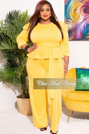 Final Sale Plus Size 2pc Set Peplum Top & Pants in Yellow AntiStaticTreatment