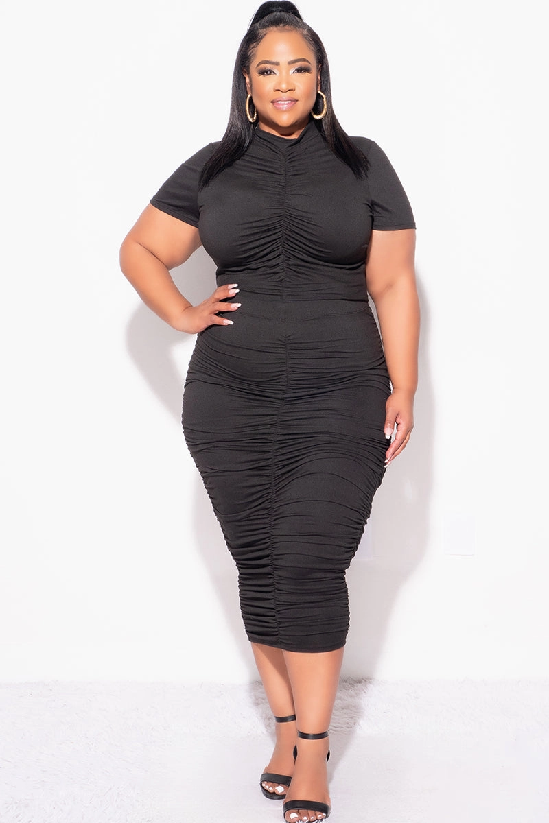 Final Sale Plus Size 2pc Set Ruched Crop Top & Skirt in Black Fitted Style
