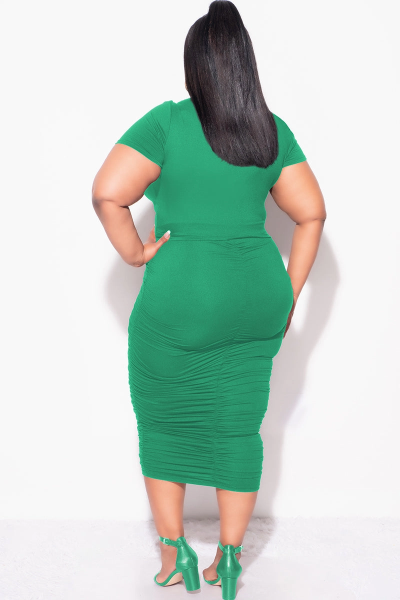 Form Fitting Final Sale Plus Size 2pc Set Ruched Crop Top & Skirt in Green
