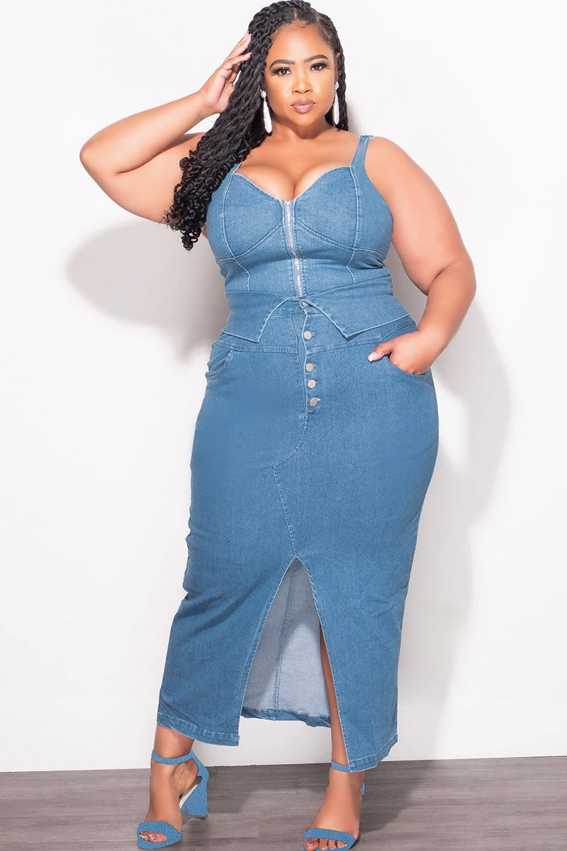 AdjustableWaistband Final Sale Plus Size 2pc Set Tank Top and Skirt In Blue Denim