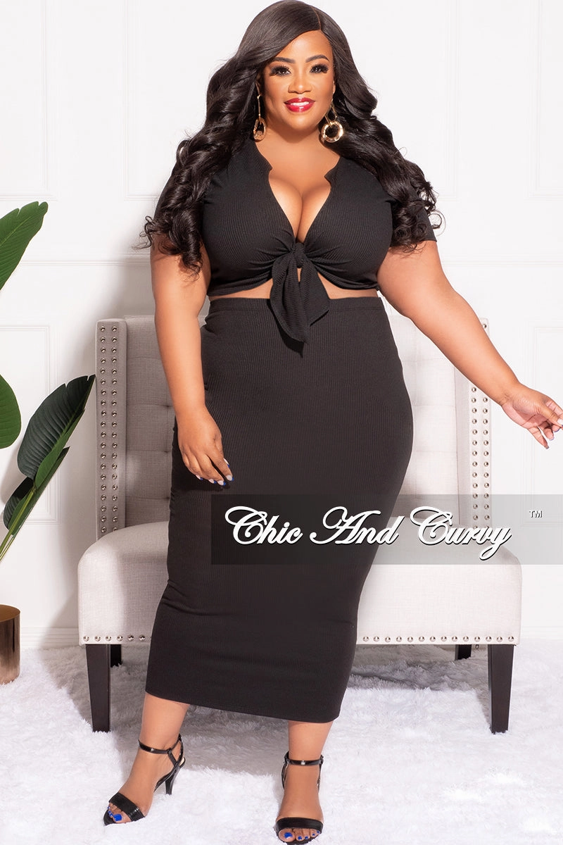 Final Sale Plus Size 2pc Set Tie Cropped & Skirt in Black Flexible Gusset Design Timeless Utility