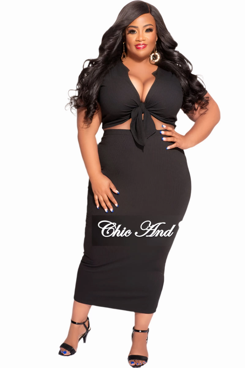 Final Sale Plus Size 2pc Set Tie Cropped & Skirt in Black Non Restrictive Fit tailored look