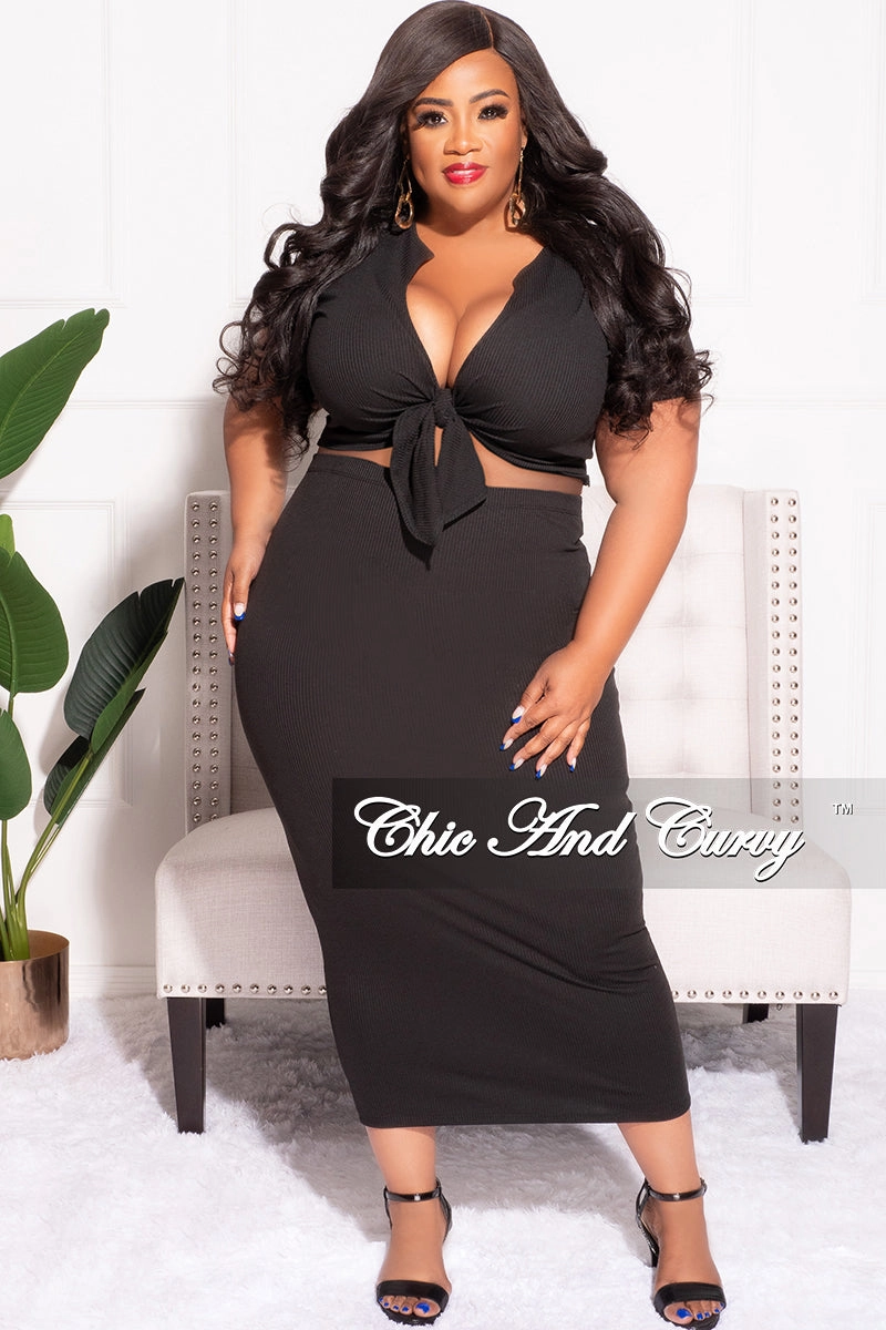 Final Sale Plus Size 2pc Set Tie Cropped & Skirt in Black Comfy Flex Street Utility