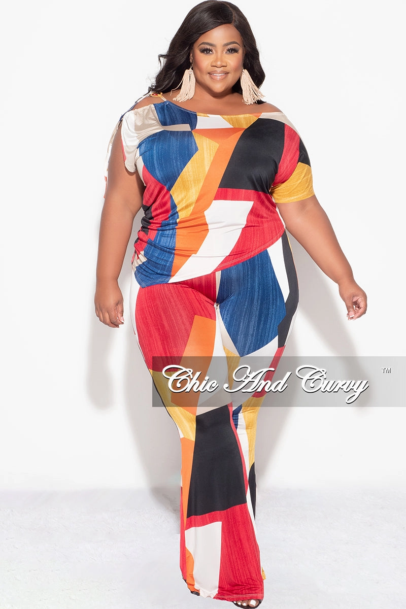 Movement Support AdjustableDrawstring Final Sale Plus Size 2pc Set Top and Pants Set in Multi Color Print