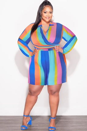 Final Sale Plus Size 2pc Set with Collar Crop Tie Top and Shorts Set in Multi Color Stripe Print Effortless Design Sporty Function