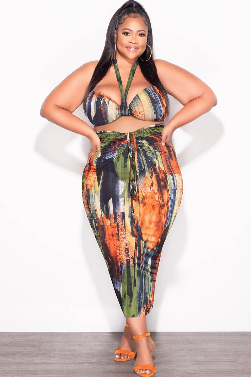 FlexibleMobilityDesign Stretch Support Fit Final Sale Plus Size 2pc Set with Self Tie Top & Ruched Skirt in Dark Multi-Color Print