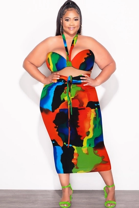 Soft Touch Material Final Sale Plus Size 2pc Set with Self Tie Top & Ruched Skirt in Multi-Color Paint Print