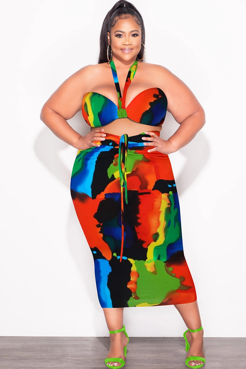 Soft Touch Material Final Sale Plus Size 2pc Set with Self Tie Top & Ruched Skirt in Multi-Color Paint Print