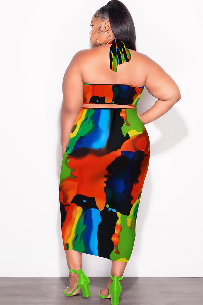 Final Sale Plus Size 2pc Set with Self Tie Top & Ruched Skirt in Multi-Color Paint Print Flattering Cut Layered Panel Design