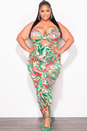 Easy Fit Final Sale Plus Size 2pc Set with Self Tie Top and Ruffle Skirt Set in Green Multi Color Print