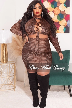 Final Sale Plus Size 2pc Set with Tie Top and Mini Skirt in Brown Alligator Print Premium Quality Flattering Shape