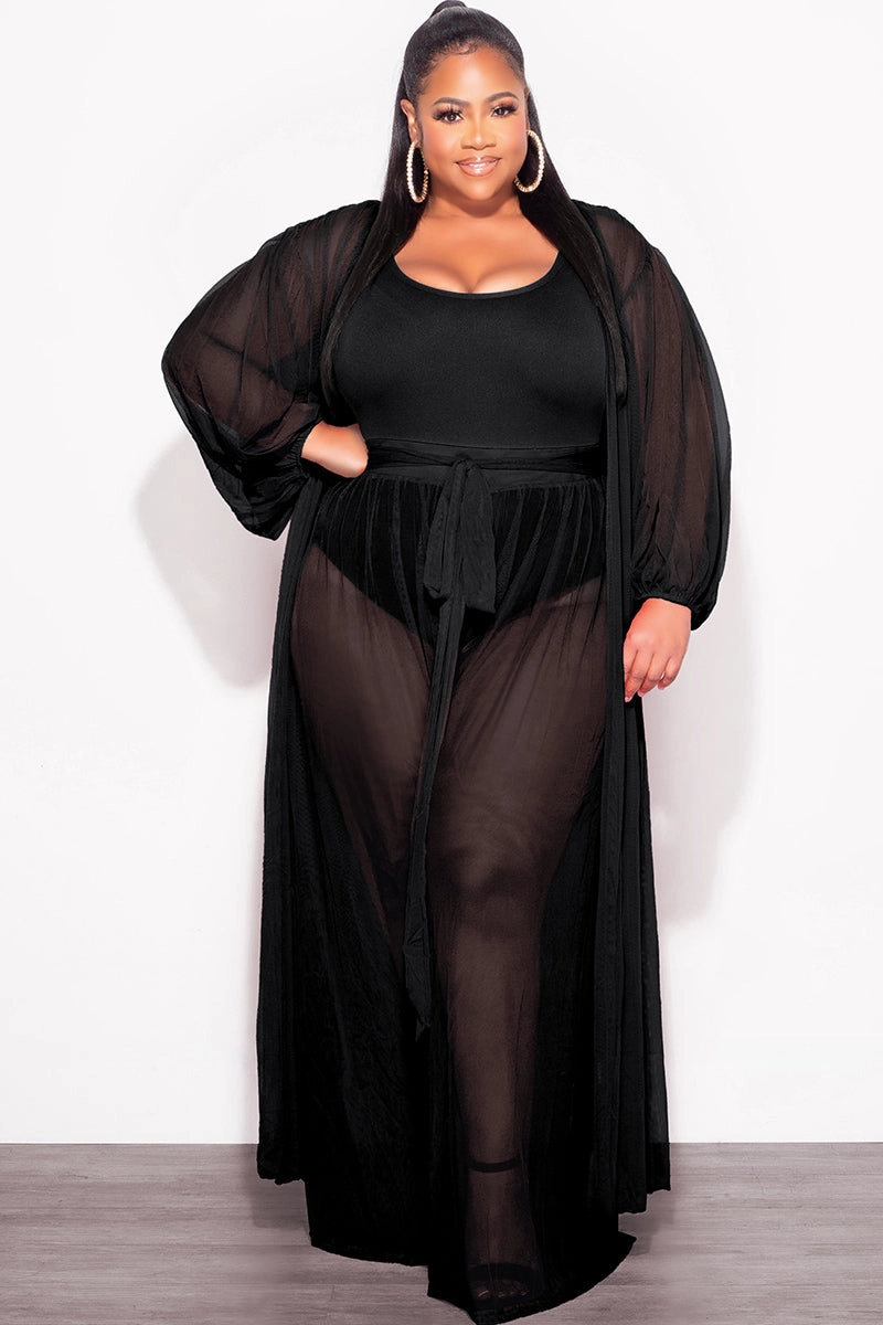 Final Sale Plus Size 2pc Sheer Duster and Pants Set in Black Wind Resistance