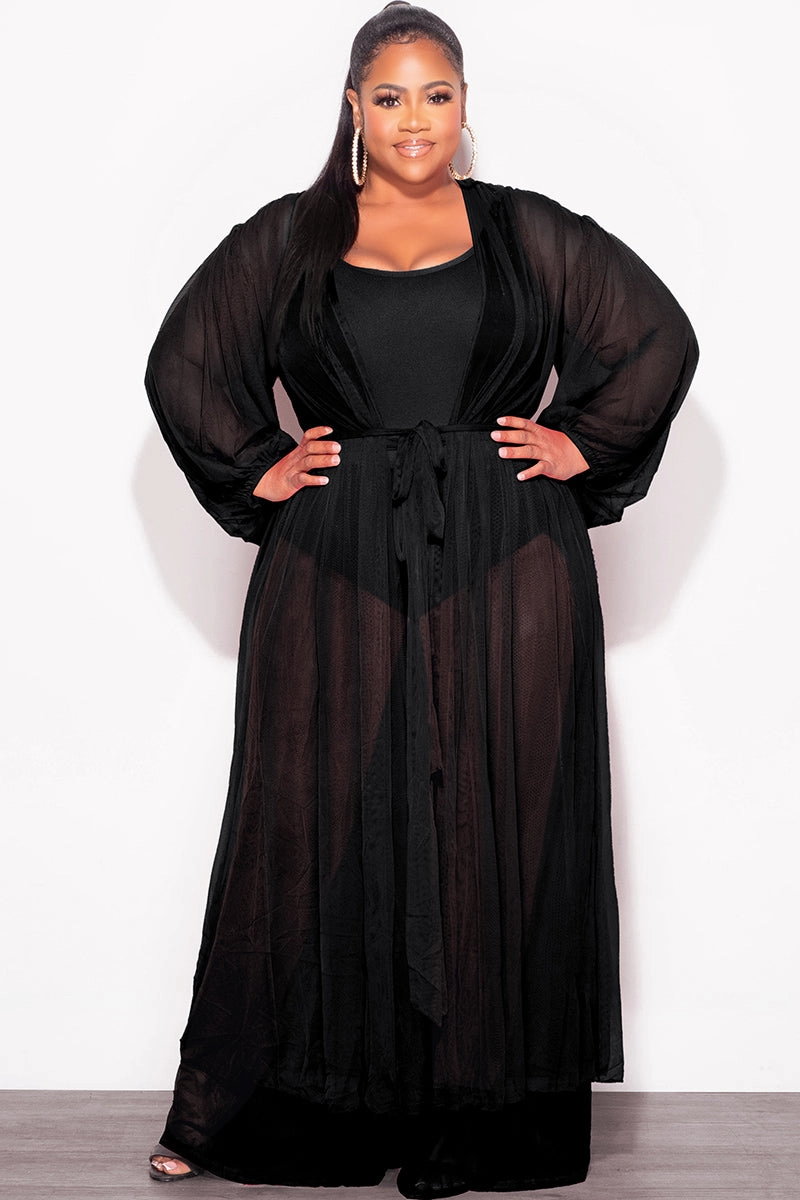 Slim Comfort Final Sale Plus Size 2pc Sheer Duster and Pants Set in Black