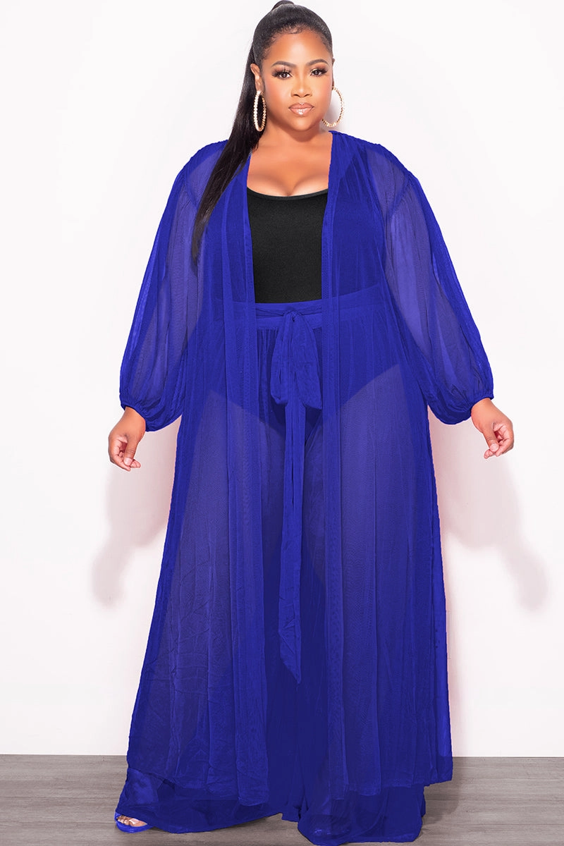 Durable Hem Final Sale Plus Size 2pc Sheer Duster and Pants Set in Royal Blue