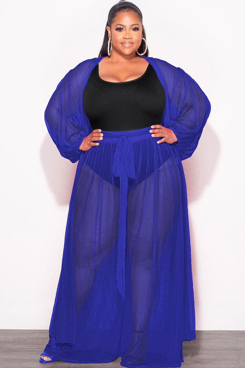 Final Sale Plus Size 2pc Sheer Duster and Pants Set in Royal Blue Perfect Fit Wear Eco Friendly Dye Process