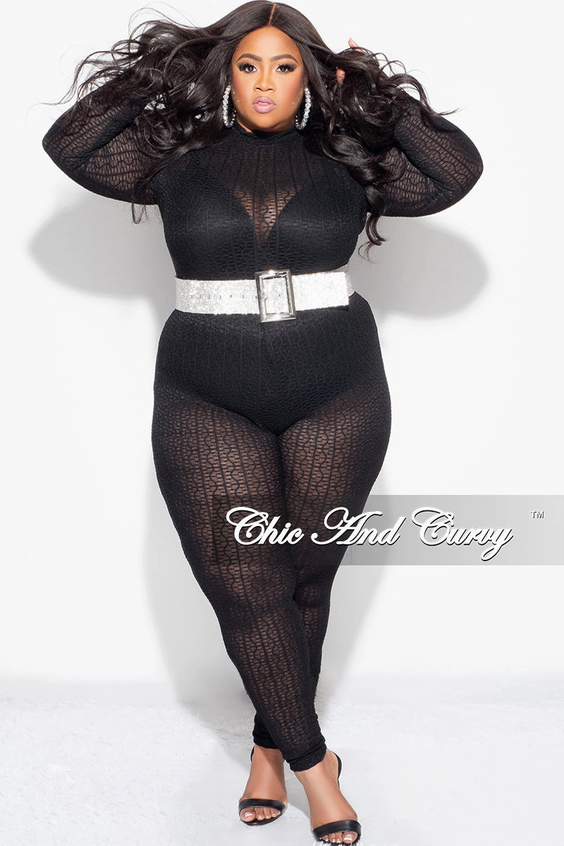 Final Sale Plus Size 2pc Sheer Lace Bodysuit Pants Set in Black Elastic Free Cuffs