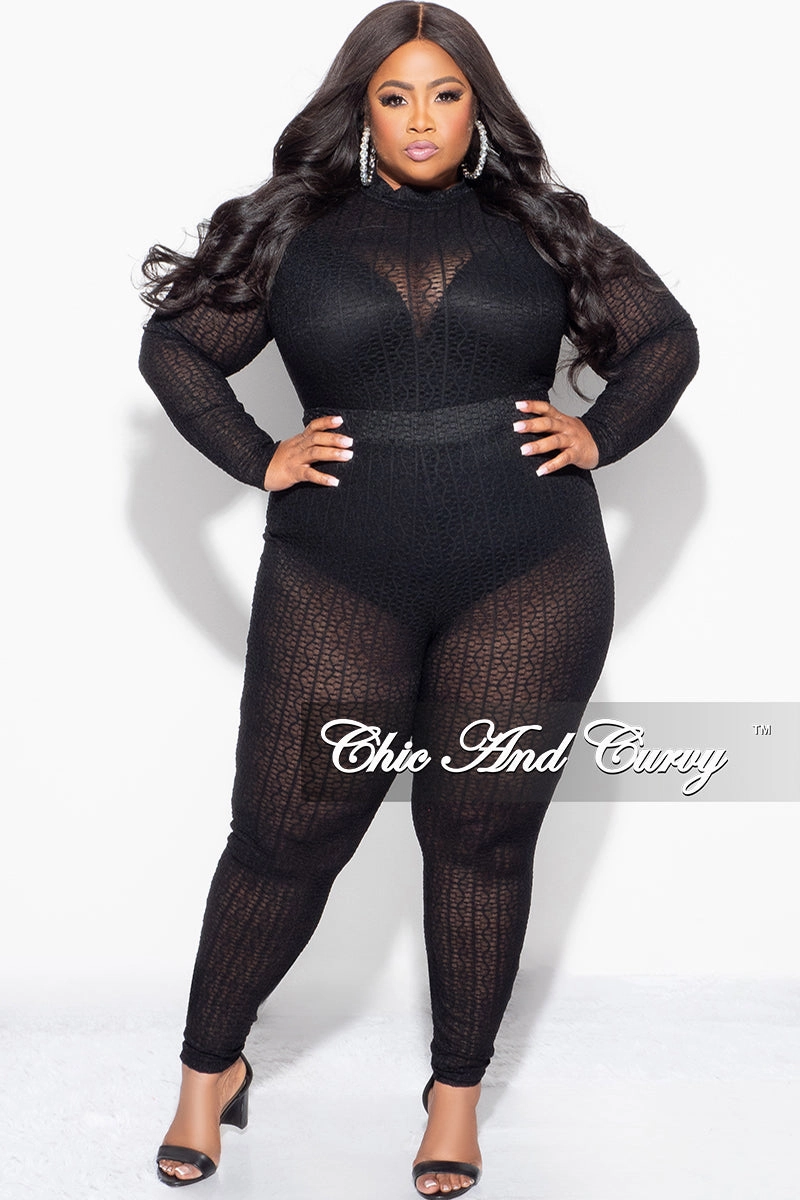 Final Sale Plus Size 2pc Sheer Lace Bodysuit Pants Set in Black Eco Friendly Material Urban Edge