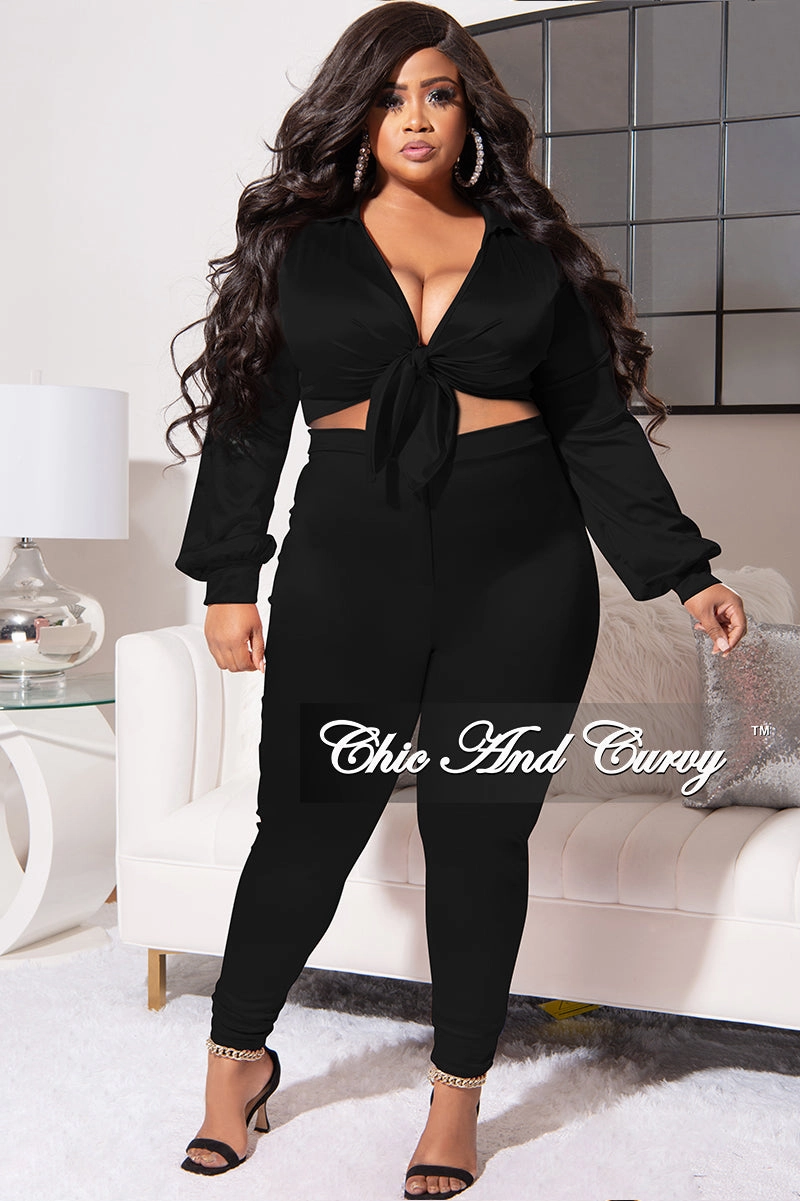 NonRestrictiveFit Final Sale Plus Size 2pc Shiny Satin Collared Crop Tie Top and Pants Set in Black